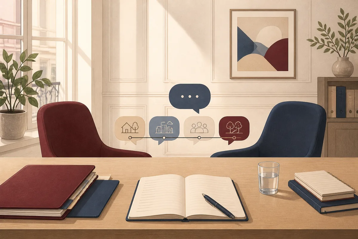 Salle calme préparée pour un entretien administratif et une conversation structurée